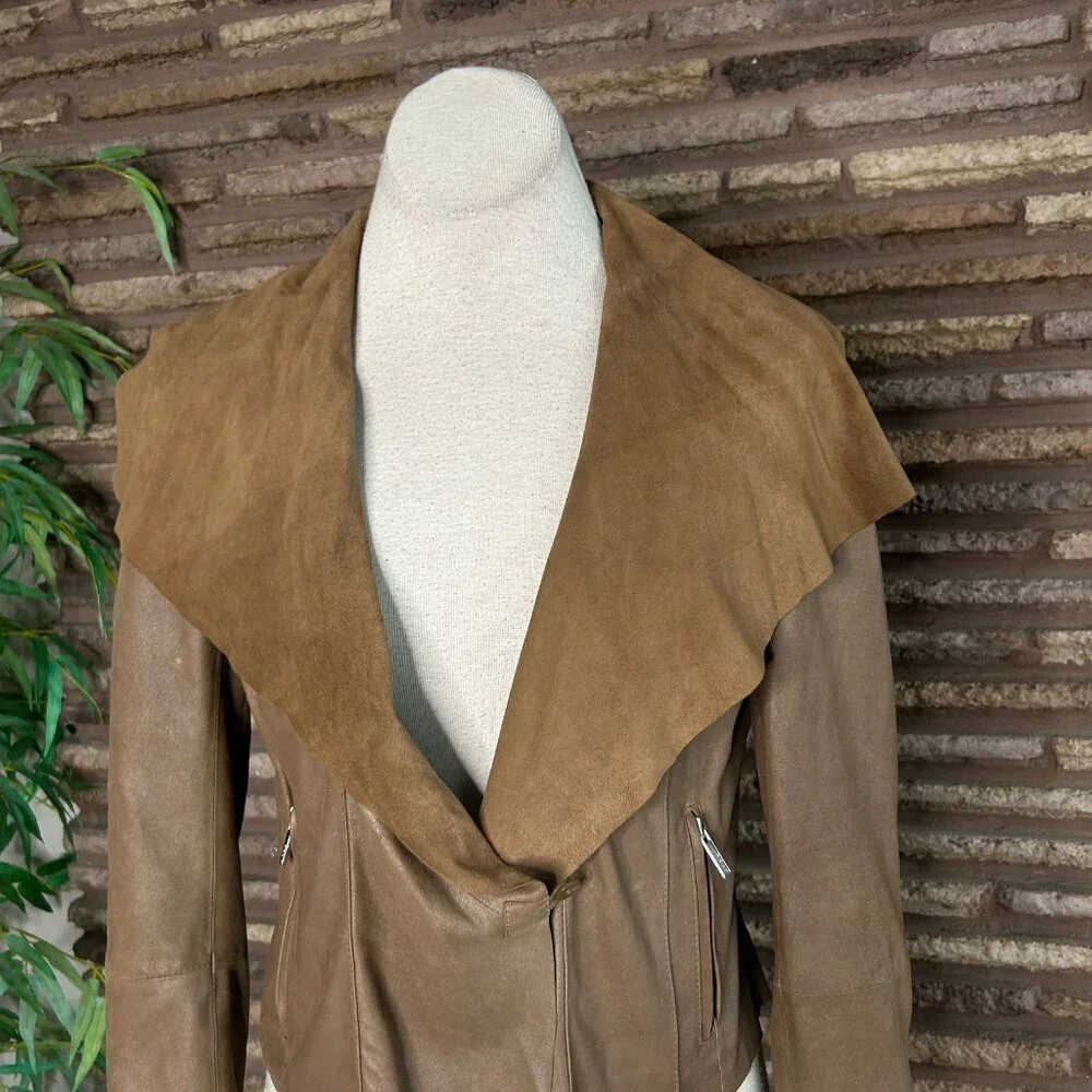 Kors Michael Kors Brown Leather Jacket Suede Moto Waterfall Y2K Designer Medium